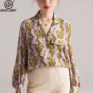 100% Natrual Heavy Silk Women's Shirt Turn Down Collar Long Sleeves Printed Front Pockets Elegant Blouse Tops - AliExpress Shirts & Blouses