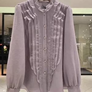 Elegant Korean Style Pleated Long Sleeve Chiffon Shirt Stand Collar Loose Fit Slimming Summer New Arrival Women's Shirt - AliExpress Shirts & Blouses