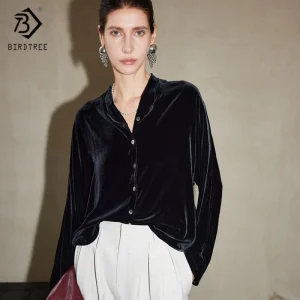 Birdtree,Base Fabric 100%  Silk Velvet Blouse,Women's Single Breasted V-neck Tops,Elegant Loose Shirt,2025 New T5D824JF - AliExpress Shirts & Blouses