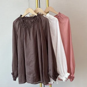2026ss sumemr luxury women's high quality casual loose long sleeve 100% ramie shirt ladies chic blouse tops 3 color - AliExpress Shirts & Blouses