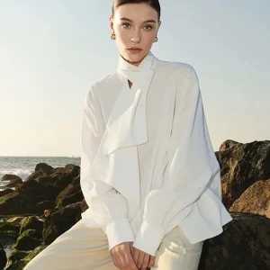 Elegant Commute Asymmetric Hem Shirt Women's Stand Collar Button Detail Loose Fit Long Sleeve Anti-Wrinkle Polyester Fiber - AliExpress Shirts & Blouses