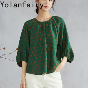 YOLANFAIRY Vintage Printed Blouse 100% Mulberry Silk Shirt Womens Tops Hualuo Red Gambiered Shirts Raglan Sleeve Pleated Blouses - AliExpress Shirts & Blouses