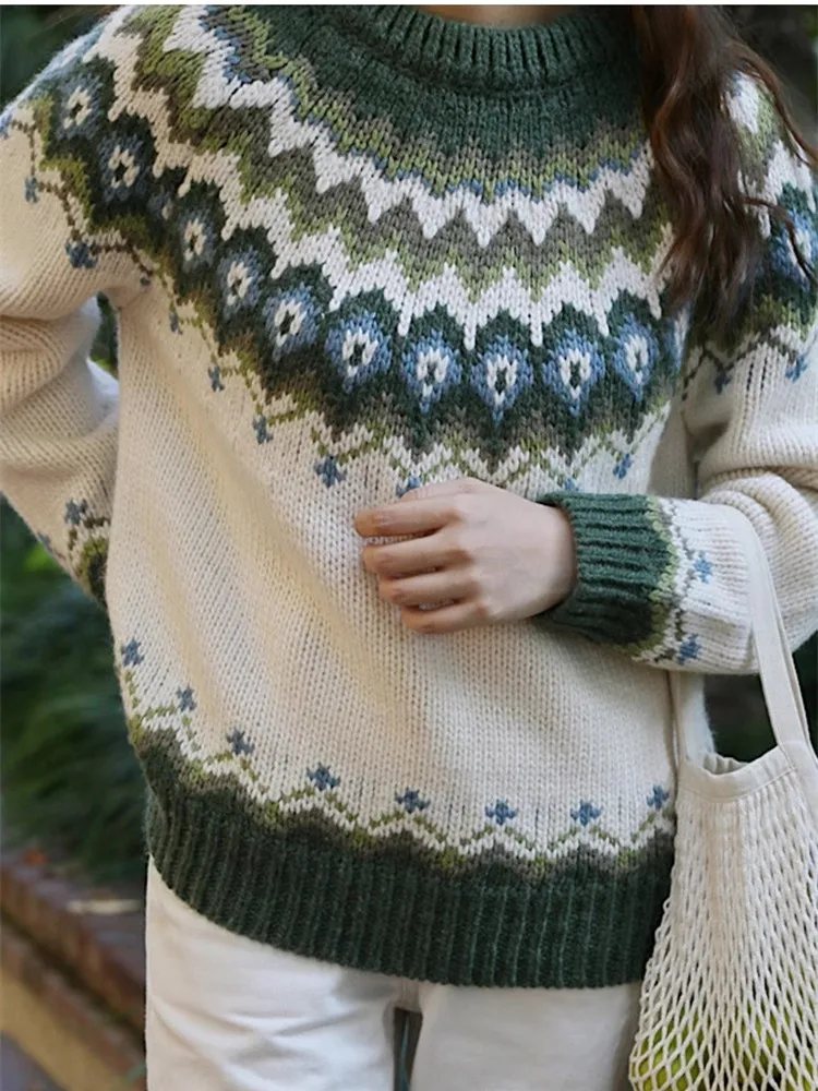 104-106cm Bust Fall Winter Fair Isle Pullovers Knitted Sweater Women Vintage Nordic Loose Thick Warm 70% Wool Sweater Jumper - AliExpress Sweaters&Jumpers