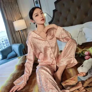 Women 100% Mulberry Silk Leopard Print Pajama Set Lapel Long Sleeve Wide Leg Pants Sexy Elegant Loungewear Two Piece Nightwear - AliExpress Women's Sleep & Lounge