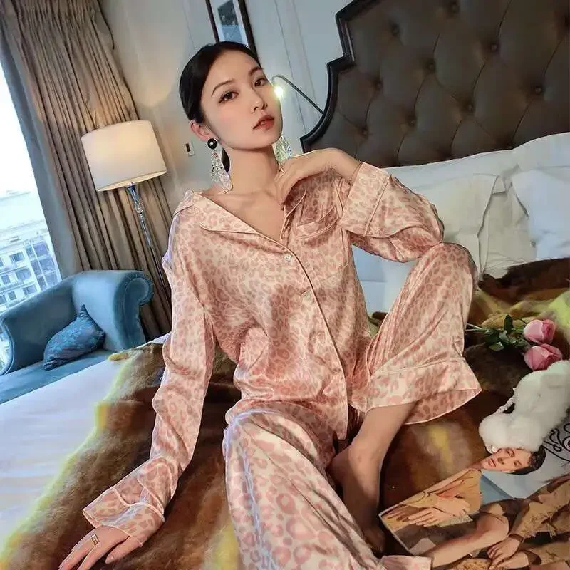 Women 100% Mulberry Silk Leopard Print Pajama Set Lapel Long Sleeve Wide Leg Pants Sexy Elegant Loungewear Two Piece Nightwear - AliExpress Women's Sleep & Lounge