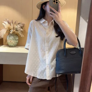 Elegant Floral Cutout Polka Dot Cotton Shirt Loose Fit Short Sleeve Women's Summer Fashion Breathable Casual Top - AliExpress Shirts & Blouses