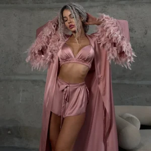 2026 Spring Summer Women's 3 Piece Satin Nightgown Set Sexy Lounge wear Shorts Feather Details European American Style L size - AliExpress Women's Sleep & Lounge