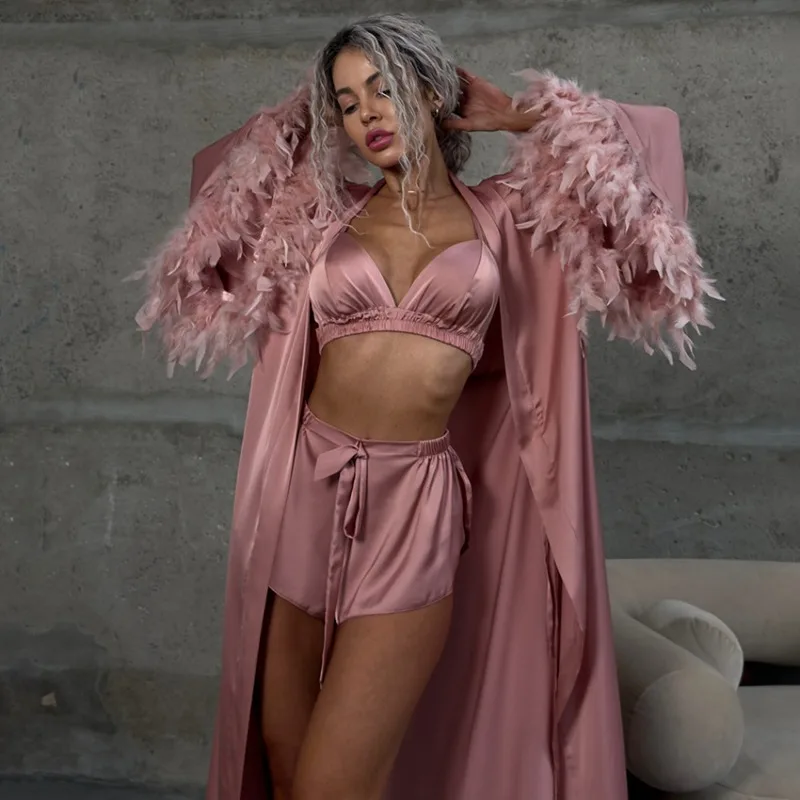 2026 Spring Summer Women's 3 Piece Satin Nightgown Set Sexy Lounge wear Shorts Feather Details European American Style L size - AliExpress Women's Sleep & Lounge