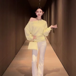 Yuxiao Xiang Steal Heart Moonlight Lazy Cotton Blend Knitted One oulder Top New Sle 2026 Spring Women's Loose Fit Long Sl... - AliExpress Sweaters&Jumpers