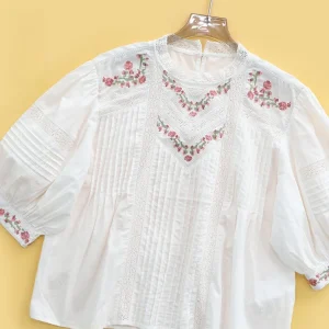 HEIDD Spring Summer 2026 White Cotton Embroidered Pleated Shirt Women's Comfortable Breathable round Neck Short Sleeve Blouse - AliExpress Shirts & Blouses