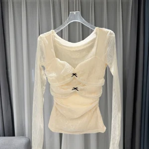 Elegant Long Sleeve Lace Splice Net Shirt Women's Knitted Top  Knot Decoration Slimming Versatile Commute Style - AliExpress Shirts & Blouses