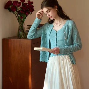 SimpleRetro Women's Knitted Silk Wool Hollow out Cardigan Two-Piece Set V-Ne Long Sve French Sle Slim Fit Polyester Fiber - AliExpress Sweaters&Jumpers