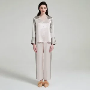 100% Mulberry Silk Sleepwear Casual Women's Pijamas Set V-neck Pyjamas Nightwear Long Sleeved Long Pants Two-piece Pajamas Set - AliExpress Women's Sleep & Lounge