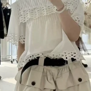 2026 New round Neck Lace Hollow out White Trim Slimming Short Sleeve Shirt Women's French Style Loose Fit Cotton Top - AliExpress Shirts & Blouses