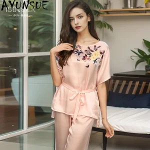 AYUNSUE 100% Silk Pajama Sets Casual Pajamas for Women Printed Short Sleeve Top Long Pants Womens Matching Sets Summer Пижама - AliExpress Women's Sleep & Lounge