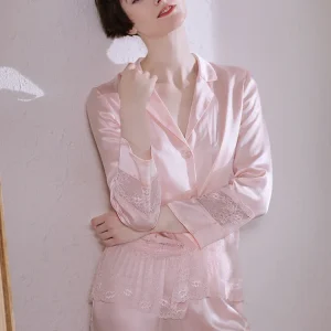 100% Mulberry Silk Pajamas Set with Lace Hem Long Sleeve 2 Piece Sleepwear Nightwear for Women Lapel Pajama Loungewear Pyjamas - AliExpress Women's Sleep & Lounge