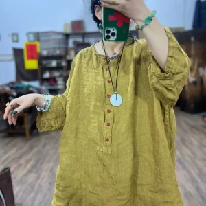 Spring Pure Linen irt Women's Loose Fit Long Sve round Ne Pullover Button up Color Woven True Simple Linen Dr - AliExpress Shirts & Blouses
