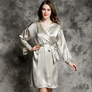 Pure Mulberry Silk Women's Bathrobe Shower Gown V Neck Kimono Lingerie Lace-up Bridal Robes Nightwear Sexy Long Sleeve Nightgown - AliExpress Women's Sleep & Lounge