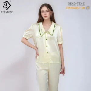 BirdTree,OEKO-TEX,100%  Silk Pajamas Set,Women's Solid Short Sleeve Lapel Homewear Sleep Clothes,2025 New P5D002JF - AliExpress Women's Sleep & Lounge