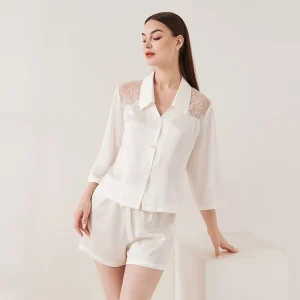 100% Heavy Mulberry Silk Lace Patchwork Cardigan Pajamas Two-piece Set Women's Three-quarter Sleeve Shorts Casual Home Clothing - AliExpress Women's Sleep & Lounge