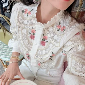 Elegant Long Sleeve Embroidered Floral Ruffle Collar Patchwork Heavy Embroidery Spring Summer Cotton Shirt for Women - AliExpress Shirts & Blouses