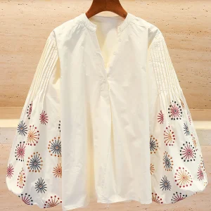 Bohemian Style Embroidered Lantern Sleeve Shirt Women's Premium Spring Fashion Top French Style Loose Fit Long Sleeve V-Neck - AliExpress Shirts & Blouses