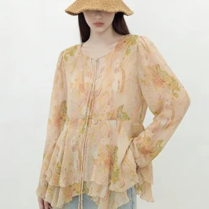 Chic Loose Long Sleeve Shirt Women's Spring Fashionable Floral Print Ruffle Hem Belted Casual Style Polyester Blend 2026 New ... - AliExpress Shirts & Blouses