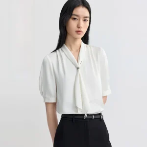 PRICH Simple Sash V-Neck Texture Satin Short Sleeve Shirt 2026 Summer New Style Drapey Commute Top Women's Fashion Polyester ... - AliExpress Shirts & Blouses