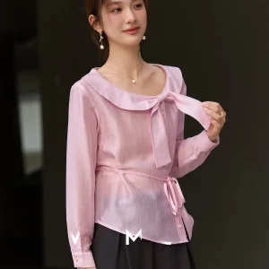 Ele Sle Women's irt Bow Tie Viscose Fiber Waist Cinching Doll Collar Spring 2026 Faion New Arrival Long Sve Soli... - AliExpress Shirts & Blouses