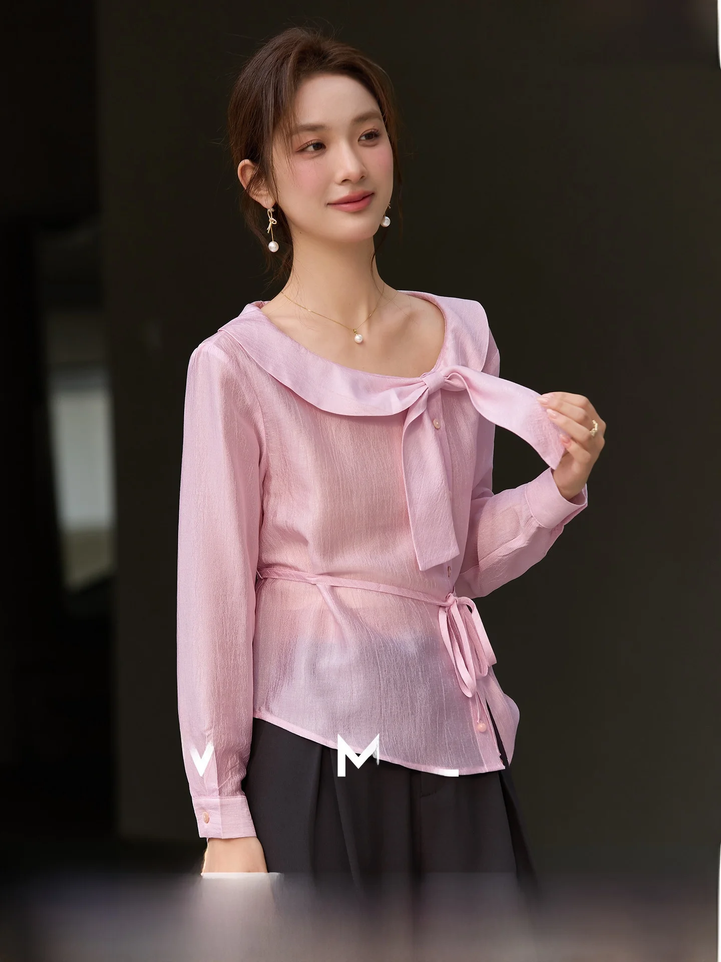 Ele Sle Women's irt Bow Tie Viscose Fiber Waist Cinching Doll Collar Spring 2026 Faion New Arrival Long Sve Soli... - AliExpress Shirts & Blouses