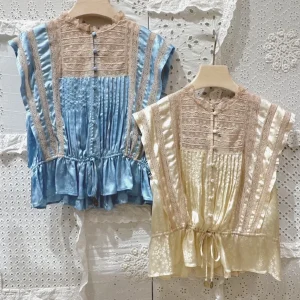 Romantic Lace Splicing Drawstring Waistless Sleeveless Pleated Shirt Women's Summer Fashion Heidd Miniature Collection 2026 S... - AliExpress Shirts & Blouses