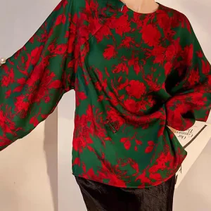Spring and Autumn New O-Neck+Diagonal Zipper Horn Sleeve Retro Style Elegant Silk Fabric Printed Women's Shirt S-L - AliExpress Shirts & Blouses