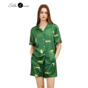 100% Natural Mulberry Silk Home Clothing Leopard Print Short Sleeved Single Breasted Top Shorts Set Luxury Casual Silk Pajamas - AliExpress Women's Sleep & Lounge