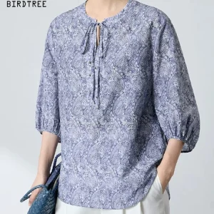 BirdTree-12MM 27.2%Silk 72.8%Cotton Elegant Shirt, 3/4 Sleeve Print, Women Fashion Commute Loose Blouse, 2026 Summer T63741CC - AliExpress Shirts & Blouses