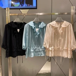Slim Fit Thin Waist Shirt Stand Collar Pleated Commuter Versatile Slimming Top Korean Style Button Detail Short Sleeve Shirt - AliExpress Shirts & Blouses