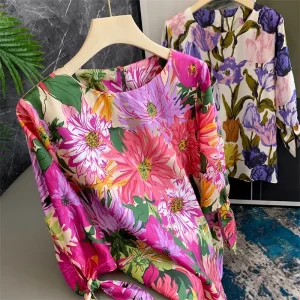 Ma Home Tulip Silk irt Women's One oulder Floral Print Summer Commute round Ne Seven Sve Length Regular Straight Cut - AliExpress Shirts & Blouses