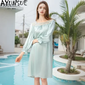 AYUNSUE 100% Silk Night Dresses for Women French Court Style Nightgowns Long Sleeve Pajamas for Women Clothes High Quality 잠옷 - AliExpress Women's Sleep & Lounge