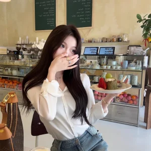 EU IIWAN Zhao Lu Si Satin Acetate White irt Women's New Design Sensation Elegance irt Commute Sle Slim Fit Long Sve - AliExpress Shirts & Blouses