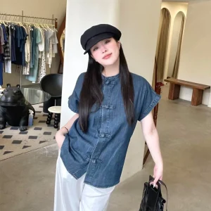 Loose Blue Denim irt Women's ort Sve Casual Sle Slimming Top Button Closure Casual Faion for Young Girls - AliExpress Shirts & Blouses