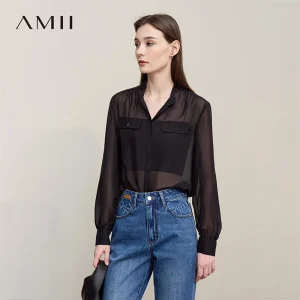 Amii Shirt For Woman 2026 Autumn New Commuter Stand-up Collar With Belt Silk Long Sleeve Top Women's Casual Black Shirt 12621057 - AliExpress Shirts & Blouses