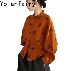 YOLANFAIRY Red Gambiered Silk Long Sleeve Shirts Women 100%Real Mulberry Silk Blouse for Woman Elegant Lantern Sleeve Casual Top - AliExpress Shirts & Blouses