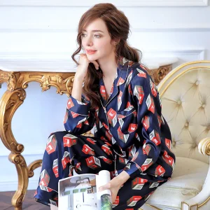 Women's Silk Pajama Set 100% Mulberry Silk Long Sleeve Tops and Pants Geometric Print Loungewear Fall Sleepwear Two Piece Outfit - AliExpress Women's Sleep & Lounge