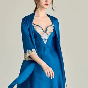 100% Mulberry Silk Robe & Nightgown 2pcs Set Female Sheer Lace V Neck Sexy Lingerie Nightdress Bathrobe Nightwear Loungewear PJs - AliExpress Women's Sleep & Lounge