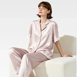 Women 100% Silk Pajamas Set Pink Lace Trim Short Sleeve Button Down Sleepwear 2PCS Loungewear Nightwear for Ladies Pijamas - AliExpress Women's Sleep & Lounge