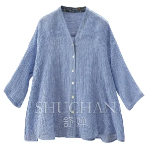 Blue Wind Diffuse Order Blouse Loose Yarn-dyed Thousand Bird Grid Pleated European Standard Linen Shirt Women 90M7 - AliExpress Shirts & Blouses