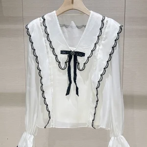 Ele Ladylike Lace Casual irt And Pants Set with Bell Sves And Bowtie Design for Women Comfortable Breathable Winter ... - AliExpress Shirts & Blouses