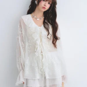 AsGony White Sun Protection Embroidered Chiffon Ruffle Hem Shirt Elastic Waist Pleated Skirt Set Women's Loose Fit Long Sleev... - AliExpress Shirts & Blouses