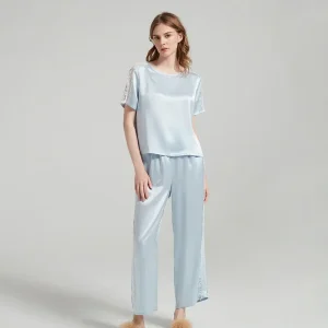 100% Mulberry Silk Short-sleeved Top & Trousers Pajama Set Loungewear Round Neck Lace Casual Button Down Pajamas Set Nightwear - AliExpress Women's Sleep & Lounge