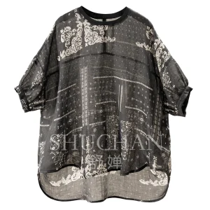 Retro Lazy Blouse100 Ramie Ethnic Printing Round Neck Seven-quarter Sleeve Shirt Women's 48W9 - AliExpress Shirts & Blouses