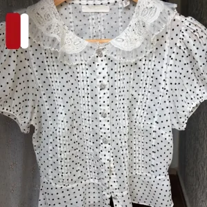 Sweet Style Polka Dot Bubble Sleeve Diamond Button Lace Collar Shirt Women's Cotton Short Sleeve Doll Collar Spring Summer - AliExpress Shirts & Blouses